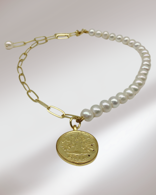 Gold Tag Pearl Necklace